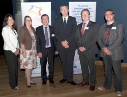 At the Youthlink NI awards are, from left: Cathy Galway, Dept of Education, Linda Wilson, Dept of Education, Paddy White, Director of YouthLink NI, John O’Dowd, Minister for Education, Peter Hamill, vice-chair Youthlink NI and Connor diocesan training co-ordinator, and Jim McDowell, Youthlink NI.