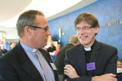 Connor Registrar the Rev William Taggart chats with Bishop's Chaplain and Church of Ireland Gazette assistant editor the Rev Clifford Skillen.