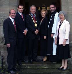 Pictured at morning worship in St Colman’s, Dunmurry are L to R:  Chris Cusdin, Rector’s Church Warden;  Alan Yarr, Organist; Councillor Trevor Lunn, Mayor of Lisburn; Mrs Laureen Lunn, Mayoress; Rev Tom Priestly, Rector; and Mrs Sheena Herron, People’s Church Warden.