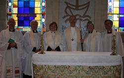 The ordination of priests in the Diocese of Connor took place at a service in St Anne's Cathedral, Belfast, on Sunday June 3. Pictured from left are: the Ven Dr Stephen McBride, Archdeacon of Connor; the Rev Harold Sharp; the Rev Carol Harvey; the Archbishop of Armagh the Most Rev Alan Harper; the Rev Amanda Adams; the Ven Stephen Forde, Archdeacon of Dalriada.