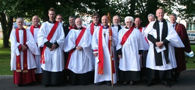 At the Service of Ordination of Deacons are, from left: The Rev Canon Stuart Lloyd; the Ven Dr Stephen McBride, Archdeacon of Connor; the Rev Mark Niblock; the Rev William Taggart; the Ven Stephen Forde, Archdeacon of Dalriada; the Rev Martin Hilliard; the Rev Clifford Skillen, Bishop’s Chaplain; the Bishop of Connor; the Ven Barry Dodds, Archdeacon of Belfast; the Rev Helen MacArthur; the Rev Paul Hewitt, preacher; the Dean of Connor; the Rev John Farr, and Alan Whyte, Dean’s Verger.