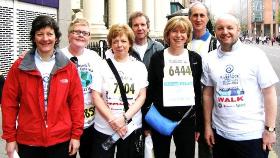 Liz Abernethy, Loraine Watt, Moira Thom, the Rev Robin Moore, Kathleen Rodgers, the Rev Canon Neil Cutcliffe and Bishop Alan looking tentative at the start of their fundraising walk.