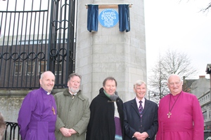 The Bishop of Connor, the Rt Rev Alan Abernethy; Chris Spurr, Chairman of the Ulster History Circle; Dean John Mann; Sam Crooks and Lord Eames after the unveiling of the Blue Plaque in memory of Dean Sammy Crooks.
