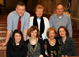 At the service honouring Canon Alex Cheevers are, back row left to right: Robin Mack, Paul Connolly, Rev Nicholas Dark. Front row left to right: Emma Connolly, Joyce Mack, Maureen Cheevers, Pauline Connolly. 