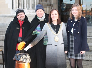 Lord Mayor Nichola Mallon makes a donation to Black Santa. From left are: The Rev Nigel Kirkpatirck; Dean John Mann, Lord Mayor and student Hannah Gibson who is work shadowing the Lord Mayor.