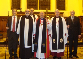 Wardens Peter Ainley and Hugh Rodgers with the Rev Bob Cotter, Archdeacon George Davison, the Rt Rev Alan Abernethy, Bishop of Connor, and Dean John Bond.