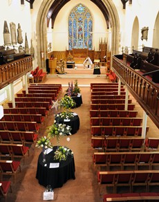 View from the gallery showing the floral displays in the historic Lisburn Cathedral