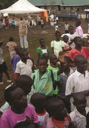 Pupils at St Apollo School,  Luwero, Uganda, celebrate their new school which was funded by Christ Church, Lisburn. This photo was taken during a previous visit by a team from Christ Church.