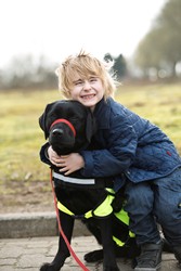 Ellis hugs his assistance dog Tilly. Assistance Dogs NI receives a grant from Black Santa. Photo: Bernie Brown.