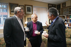 The Rev Canon Douglas Goddard and Bishop Trevor Williams chat with Archbishop Barry Morgan at the reception in the St Anne’s Cathedral Library before the service.