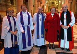The Rev Canon Denise Acheson; Dean John Mann; The Bishop of Connor, the Rt Rev Alan Abernethy; Dr Marion Gibson and the Archbishop of Wales, the Most Rev Barry Morgan, at the service on February 22.