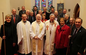The Most Rev Dr Richard Clarke, Archbishop of  Armagh, with the rector of St Patrick’s, Broughshane, the Very Rev JFA Bond Dean of Connor, (right); the  Rev Adrian Halligan, curate assistant (left); serving members of the Select Vestry, and Mrs H Boddy (people's churchwarden), Mrs M Nelson (hon secretary) and Mr Winston Byers (rector's churchwarden).
