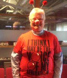 The Rev Elizabeth Hanna arrives at BBC Radio Ulster appropriately dressed for her Comic Relief Thought!