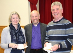 Bishop Alan chats with  Hilary and Ivor Rummage at the second Bushmills seminar.
