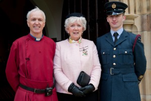 The Rev Canon Stuart Lloyd with Lord Lieutenant Mrs Joan Christie, MBE, and theLord Lieutenant's Aide.
