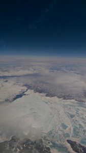 Looking down on an icy landscape as Mike and Sarah's plane approaches Baffin Island.