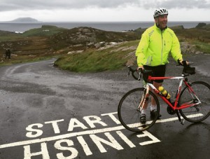Derek Scott after arriving at Malin Head, Co Donegal, after his 382 mile cycle.