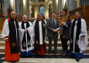 Mr David Shepherd, who received his certificate for completing the Organ Scholarship Scheme at the service, with his family, and clergy, from left: Bishop Edward Darling, the Rev Canon David Humphries, The Very Rev William Morton, Dean of Londonderry, and (right) the Very Rev John Mann, Dean of Belfast.