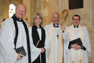 The Bishop of Connor with new priests, from left: the Rev Cameron Jones, the Rev Julie Bell and, far right, the Rev Philip Benson.