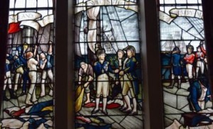 The unique memorial window in the Allen and Adair Hall depicts both Lord Nelson and Captain Adair at the Battle of Trafalgar.
