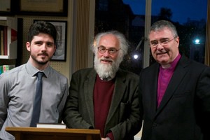 Book editors Roibeard Ó Gallachóir and Raymond Gillespie with Bishop John McDowell at the launch of the sermons of James Saurin.