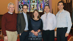 Pictured at the Harvest Thanksgiving Service in Lisburn Cathedral on Sunday morning  October 18 are, L to R:  the Rev Canon Sam Wright (Rector), the Rev Simon Genoe (Vicar), Guest Preacher Jenny Smyth (Mission Director - CMSI), Stephen McLoughlin (Musical Director) and Andrew Skelly (Organist).
