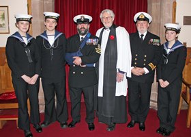 Pictured at the laying up of the artwork in St Simon’s are, from left: Cadet 1st Class Stephanie Emes, Officer Cadet Zac Lloyd Humphreys, Petty Officer (SCC) Brian Higgins, the Rev Raymond Moore, Lt Cdr (SCC) Leslie King, Cadet 1st Class Melissa Ramm. Photo Pete Bleakley.