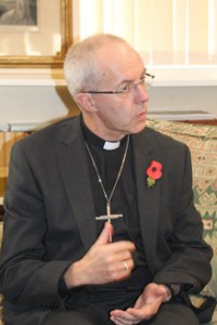 Archbishop Welby speaks to the media in the Cathedral Library before the Corrymeela Thanksgiving Service.