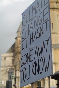 A message in the square outside St Anne's Cathedral during the rally on climate change.