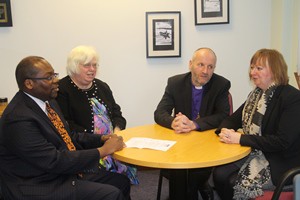 Bishop Alan Abernethy chats to WCC visitors Marianne Edjersten, Dr Clare Amos and the Rev Garland Pierce.