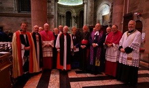 At the Service for the Week of Prayer for Christian Unity in St Anne’s Cathedral are, l to r: The Dean of Belfast, the Very Rev John Mann; the Bishop of Connor, the Rt Rev Alan Abernethy; RC Bishop of Down and Connor, Bishop Noel Treanor; the Archbishop of Armagh, the Most Rev Dr Richard Clarke; the Rev Dr Ruth Patterson; the R.C. Archbishop of Birmingham, the Most Rev Bernard Longley; the Revd Brian Anderson,  Presbyterian Church; Bishop Tony Farquhar, and Fr Hugh Kennedy, St Peter’s Cathedral.