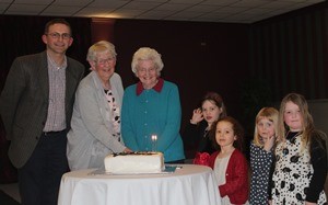 Pictured at the Derryvolgie night out are the Rev Stephen McElhinney with Beryl Blackshaw and Isobel Kirkwood, senior members who attended the church since it first met in an old shop unit on the Moss Road, and some of the children who attended.