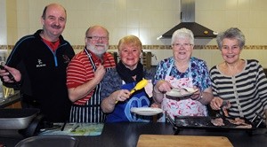 Somethings cooking in the kitchen:  Busy preparing and serving breakfasts at a community event and fundraiser at Derryvolgie Parish Church on Saturday 13th February are L to R: Stewart Gavin, Lynn Perry, Valerie Scott, Margaret Perry and Lyn Dobbin.