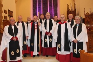 The Chapter of St Saviour, Connor. From left: Archdeacon Stephen McBride, Canon Peter Galbraith, Canon John Budd, Bishop Alan Abernethy, Canon James Carson, Dean Sam Wright, the Rev William Taggart (registrar), Canon Chris Easton, Canon George Irwin and Archdeacon Stephen Forde. Missing from the picture is Canon George Graham who was unable to attend the service.