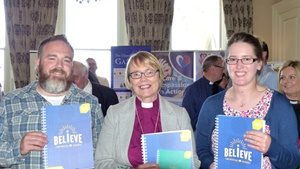 Andrew Frame, Youth Ministry Development Officer (Northern Region), the Most Rev Pat Storey, President of CIYD, and Amy McCrea, Youth Ministry Development Officer (Southern Region), with the new Confirmation resource, ‘I Believe.’