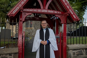 The Rev Andrew Campbell at the gate of St Patrick’s, Broughshane.