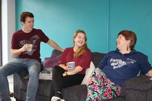 Connect Base is a relaxing place to meet and talk. Karen and Stephen are chatting with Karen’s daughter Amy who called in to see the new centre.