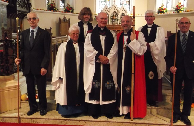 At the introduction of the Rev Campbell Dixon MBE as Priest-in-Charge of St Mark’s, Ballysillan, are, from left: Dessie Thompson, Churchwarden; the Rev Janice Elsdon; the Rev Rachel Creighton, Rural Dean; the Rev Campbell Dixon MBE; the Bishop of Connor, the Rt Rev Alan Abernethy; Archdeacon Jack Patterson; and Mr Jim Patterson, Churchwarden. Photo: George Briggs.