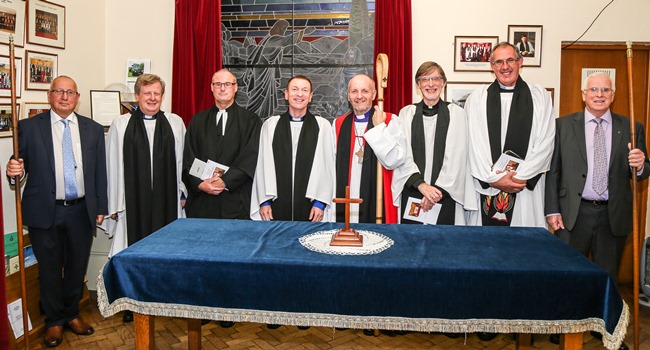 At the institution of the Rev Arthur Young in St Paul’s, Lisburn, are, from left: Roy Robinson, People’s Warden; the Rev Nicholas Dark, Rural Dean; the Rev Canon William Taggart, Registrar; the Rev Arthur Young; the Rt Rev Alan Abernethy, Bishop of Connor; the Rev Clifford Skillen, Bishop’s Chaplain; the Rev Trevor Stevenson, preacher and Stanley Gamble, Rector’s Warden. Photo: Norman Briggs