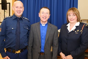 At the service are Andrew Maze, Captain of St Paul’s CLB, the Rev Arthur Young, and Alison Stevenson, Captain of St Paul’s GB. Photo: Norman Briggs