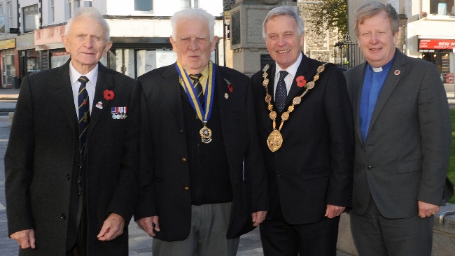 At the launch of the Royal British Legion Poppy Appeal in Lisburn are, from left:  Military Historian George Dixon (Magheragall Parish Church), Gordon Rogan (Chairman of Lisburn Branch of the Royal British Legion), Councillor Brian Bloomfield MBE (Mayor of Lisburn & Castlereagh City Council) and Magheragall Parish rector, the Rev Nicholas Dark (Chaplain of Lisburn Branch of the Royal British Legion). Photo: John Kelly