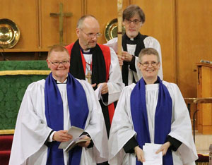 Adrian Bell and Janet Hunter at the Commissioning. Also in the picture is the Bishop of Connor, then Rt Rev Alan Abernethy, and Bishop's Chaplain, the Rev Clifford Skillen.