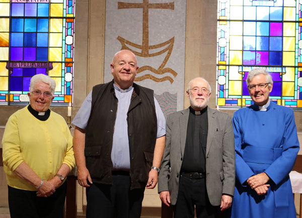 The Rev Helen MacArthur, the Rev John Farr and the Rev Martin Hilliard with the Very Rev Stephen Forde, Dean of Belfast, at the service  in St Anne’s Cathedral, Belfast, to mark their 10th anniversary of ordination.