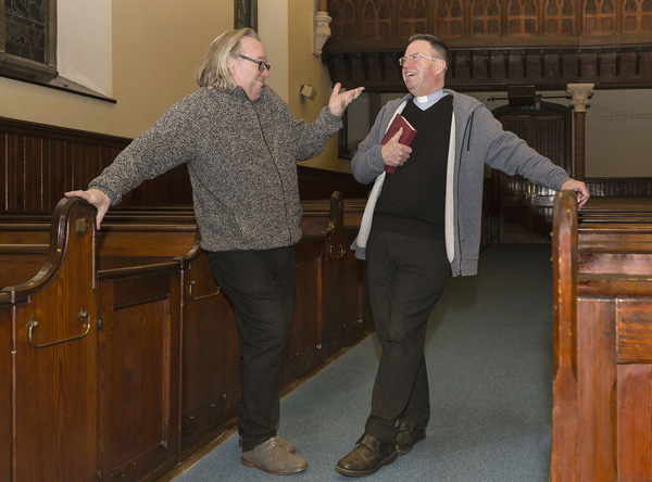 The Rev Steve Stockman, left, minister of Fitzroy Presbyterian Church, and Fr Martin Magill PP of St John's Church, Falls Road ,discussing the upcoming 4 Corners Festival. Picture by Bernie Brown.