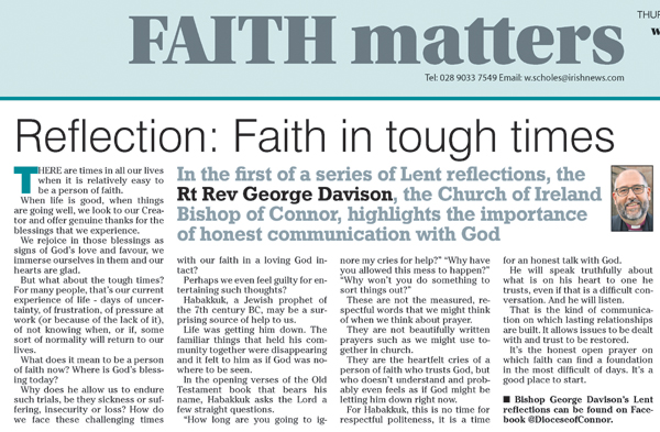 Bishop George's Lent Reflection in the Irish News on February 18.
