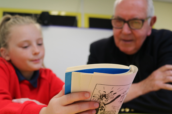 Bro David Jardine taking a one-to-one reading session at Forthriver Primary School in September 2019.
