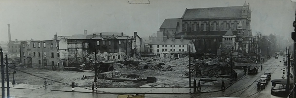 Donegall Street in the wake of the blitz, with Belfast Cathedral in the background. Image shared in partnership with the NI War Memorial and the Belfast Telegraph.