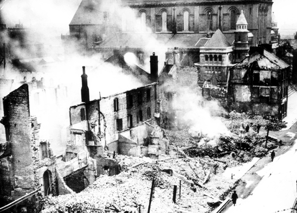 The area around Belfast Cathedral in ruins following the bombing. Image shared in partnership with the NI War Memorial and the Belfast Telegraph.