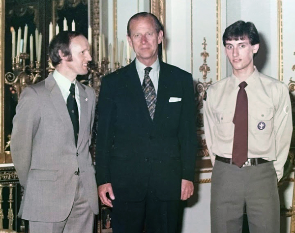 An historic occasion - Donald and Stephen McBride, the first father and son to receive the Gold Duke of Edinburgh Award, with Prince Philip at Buckingham Palace in 1981. 