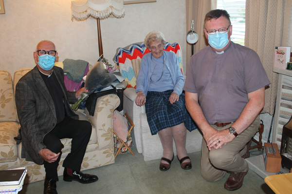 Bertha Christie enjoyed a visit from Bishop’s Commissary, Archdeacon Stephen McBride and her rector, the Rev Canon Nigel Baylor, on Thursday August 5.